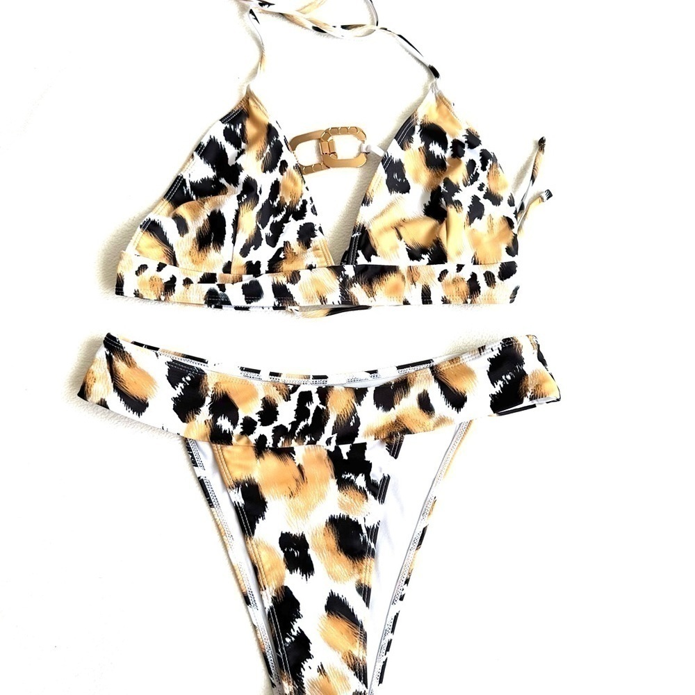 Women’s Swimsuit Leopard Print Halter Neck Triangle High add use L